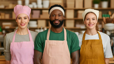 A cheerful trio of diverse chefs stands close together, wearing colorful aprons and smiling brightly. The background is filled with kitchen items, enhancing the lively atmosphere.の素材