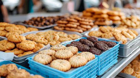 The image showcases trays of various cookies in vibrant colors at a bustling market. Cookies are piled, creating a warm atmosphere of sweetness and excitement. Background is unclear.の素材