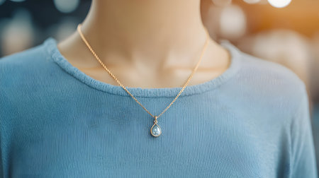 A beautifully crafted teardrop necklace rests elegantly on a mannequin's neckline amidst soft, blurred backgrounds, creating a serene and upscale jewelry display atmosphere.の素材