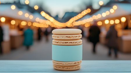 A beautiful macaron is centered, drawing attention amidst a vibrant market backdrop. Soft lights twinkle, while blurred figures hint at festive energy. Emotions of delight surround.の素材