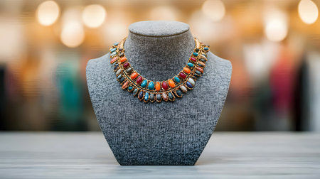 This image showcases a vibrant, handmade necklace displayed on a gray mannequin, with a blurred boutique backdrop. The atmosphere is chic and inviting, highlighting trendy fashion jewelry.の素材