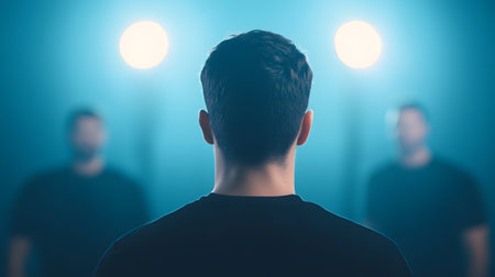 A man stands facing two blurred figures in black shirts against a soft blue backdrop. Bright light circles create an atmospheric focus on the subject's contemplation and gathering creativity.の素材