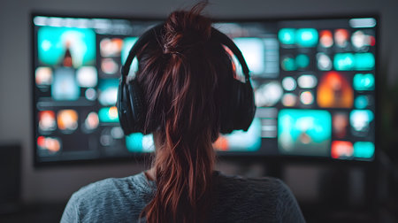 A person with long hair, wearing headphones, gazes intently at a vibrant display of digital art. The background features colorful, blurred images that inspire creativity.の素材