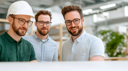 Three men with glasses and beards smile confidently at an innovation fair, one in a helmet. Bright, modern setting promotes creativity and collaboration, enhancing the atmosphere.の素材