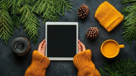 A hands holding a tablet wearing a yellow knit sweater, surrounded by pinecones, greenery, and a warm mug, creating a cozy atmosphere for relaxation and creativity.の素材