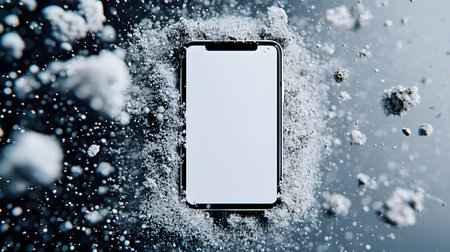 This image showcases a smartphone with a blank screen surrounded by a swirling cloud of dust particles, creating a vibrant and dynamic composition that engages the viewer.の素材