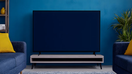 The image features a blank smart TV in a vibrant living room with blue walls, a cozy couch, and decorative plants. The atmosphere is welcoming and stylish, perfect for relaxation.の素材