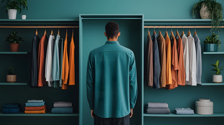 A man stands in front of a closet filled with neatly arranged shirts. The background is solid, showing vibrant colors and organized shelves. The atmosphere feels calm and orderly.の素材