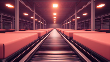 A conveyor system in a vast automated warehouse, showcasing rows of packages ready for sorting. The solid background emphasizes the bright overhead lights, creating a futuristic atmosphere.の素材
