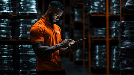 A muscular man in an orange polo shirt checks inventory on a tablet amidst stacked goods in a dim warehouse. The atmosphere is intense, emphasizing focus and diligence in his task.の素材