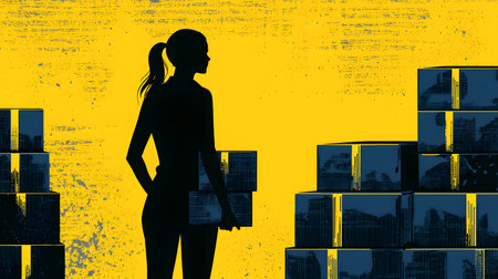 A silhouetted figure of a warehouse worker organizes packages against a striking yellow background, displaying commitment and focus. The atmosphere is vibrant yet industrious.の素材