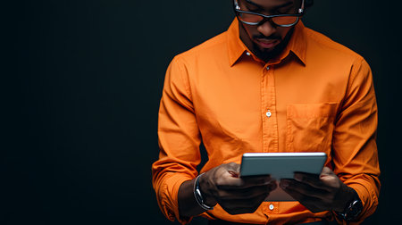 cropped view of african american businessman using digital tablet isolated on blackの素材