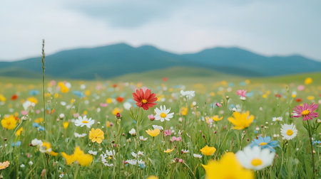 A picturesque meadow filled with an array of colorful wildflowers, set against gentle mountains. It conveys tranquility and the beauty of nature in a serene atmosphere.の素材