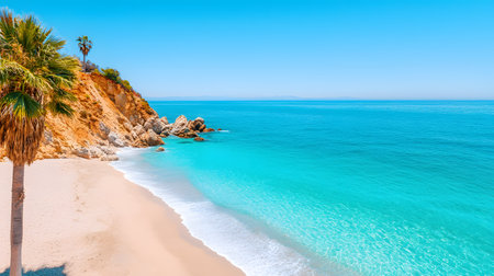 A serene tropical beach scene featuring golden sand, turquoise waters, and rocky cliffs in the background. The atmosphere is peaceful, inviting relaxation and exploration.の素材