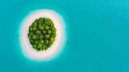 An aerial view of a stunning tropical island featuring lush palm trees, white sandy beach, and turquoise waters. The vibrant colors create a serene and peaceful atmosphere, inviting relaxation.の素材
