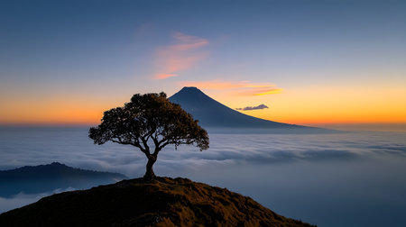 A solitary tree stands on the edge of a mountain. Below, valleys fill with mist as the sun rises, casting golden hues. The scene evokes tranquility and awe of nature's beauty.の素材