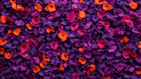 An enchanting collection of vibrant lavender and orange poppies fills the frame, creating a rich tapestry. The atmosphere exudes serenity and vivid beauty, inviting a sense of peace.の素材