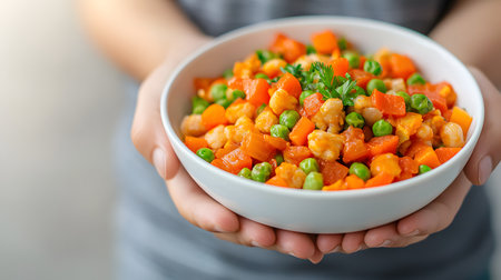 A young child holds a bowl filled with colorful vegetables, representing kindness and generosity. The background is blurred, but the focus is on the caring act, evoking warmth and community spirit.の素材