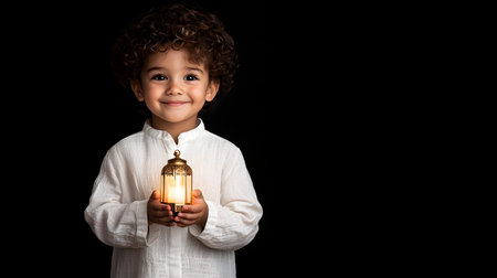 A happy child in a white shirt holds a glowing lantern with both hands, smiling warmly. The background is solid black, highlighting the child's joyful expression and the lantern's light.の素材