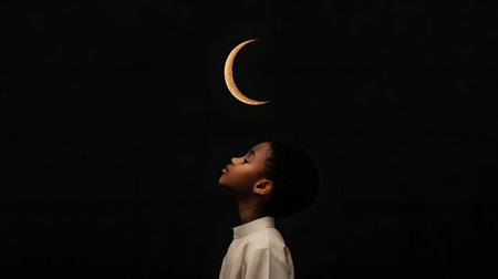 A young boy stands in awe, gazing upward at a crescent moon glowing in a dark, starless background. His expression reflects wonder, evoking anticipation during Ramadan.の素材