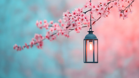 A soft focus captures a lantern hanging from a cherry blossom branch, glowing warmly against a blurred backdrop, evoking tranquility and beauty in a spring ambiance.の素材