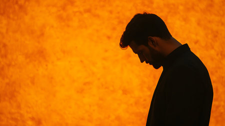 A man stands in profile with a bowed head, silhouetted by a vibrant orange background, evoking deep reflection and serenity, capturing a peaceful prayerful atmosphere.の素材