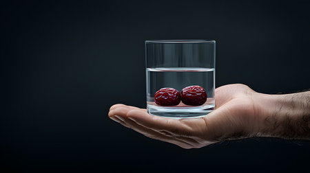 A hand holds a glass of water with two dates submerged inside, against a dark background. The scene evokes warmth, tradition, and anticipation for breaking the fast during Ramadan.の素材
