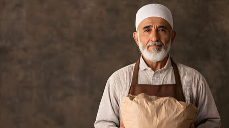 An elderly man in a white cap and apron holds a parcel of food, conveying warmth and compassion with a soft smile, celebrating the spirit of Ramadan charity against a textured background.の素材