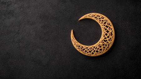 A beautifully carved crescent moon with intricate detailing stands out on a dark, textured backdrop. The atmosphere conveys calmness and artistic flair, enhancing its captivating charm.の素材