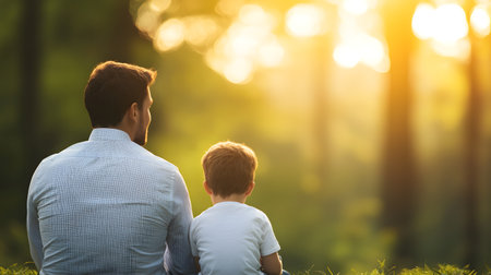 A father and young son, sitting together, gazing at a warm sunset in a lush green forest. They share a serene moment, feeling relaxation and connection in a tranquil environment.の素材