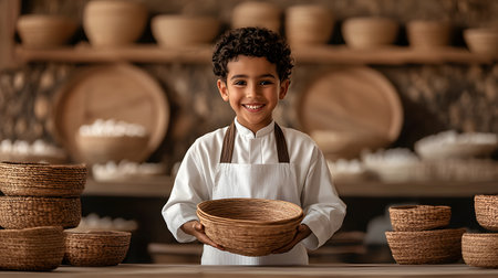 A cheerful young boy in traditional attire grins as he holds a woven basket, surrounded by handmade bowls. The warm atmosphere enhances the sense of cultural pride in family gatherings.の素材
