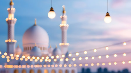 A captivating mosque illuminated by decorative string lights at dusk, enveloped in a tranquil glow. The domes and minarets rise against a soft gradient sky, evoking peace.の素材