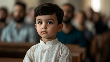 A young boy with big, expressive eyes sits quietly in a religious gathering, lost in thought. The background features blurred faces, enhancing the contemplative atmosphere of Ramadan.の素材
