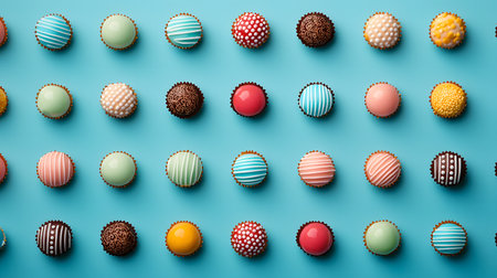 A stunning display of colorful round desserts arranged neatly on a bright blue background, inviting joy. Each treat features unique patterns and textures, exuding charm and indulgence.の素材