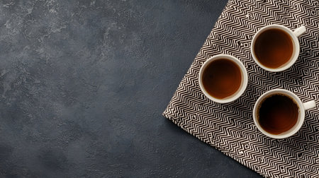 Three elegant cups filled with tea are arranged on a patterned cloth, set against a textured dark surface. The warm tones evoke a cozy atmosphere and cultural richness.の素材