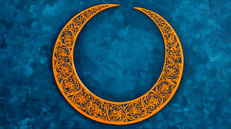An ornate crescent moon in vibrant orange rests against a textured blue backdrop, creating an enchanting atmosphere filled with cultural elegance and artistry.の素材