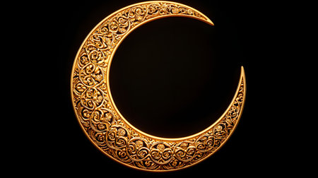 A stunning, ornate crescent moon showcases intricate Islamic patterns against a solid black background. The shimmering gold highlights evoke elegance and cultural depth, creating a serene atmosphere.の素材