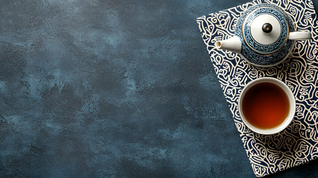 This image features an exquisite Middle Eastern tea set, consisting of a teapot and cup atop a patterned surface. The background is textured and solid, creating an inviting atmosphere.の素材