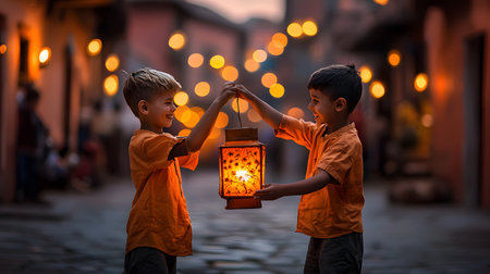 Two joyful children in orange shirts raise a glowing lantern, surrounded by soft bokeh lights. Their excitement fills the air in a warm evening atmosphere. The background is solid.の素材