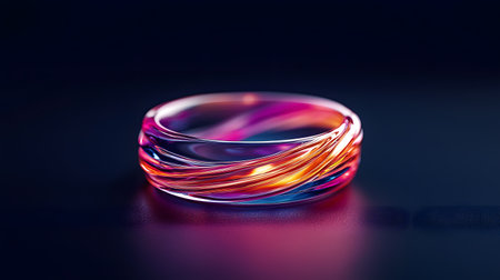 An exquisite resin ring featuring dynamic swirling patterns in vibrant hues of purple, orange, and blue. The background appears dark, emphasizing the ring's stunning design and glow.の素材