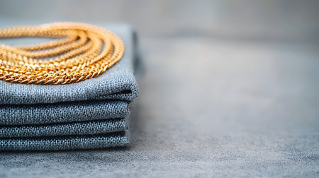 This image showcases intricately layered gold-plated chains elegantly placed atop soft grey fabric. The background appears slightly blurred, enhancing the chains' opulence.の素材