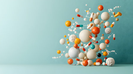 The image showcases colorful 3D representations of molecules, pills, and drug components in vibrant motion. The background is solid teal, enhancing the vividness of the elements presented.の素材