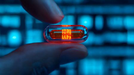 This close-up image showcases a hand holding a bright, transparent capsule with digital elements in the background. The atmosphere feels innovative and intriguing, hinting at technology.の素材