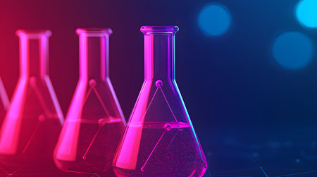 Three colorful laboratory flasks display vibrant liquids with molecular structures inside, showcasing scientific innovation. The background is partially transparent with a luminous effect.の素材