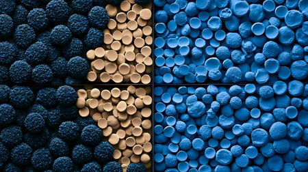 This image features a vivid arrangement of circular and textured shapes in blue and beige. The background is solid with contrasting colors, creating a captivating and modern visual aesthetic.の素材