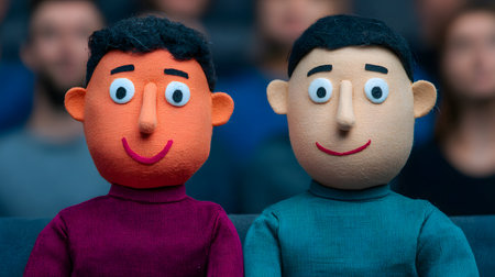 This image captures two charming puppets with vibrant features, seated closely together, surrounded by an uncertain audience, conveying a joyful, humorous atmosphere full of creativity.の素材