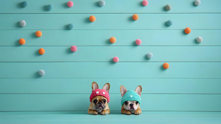 Two French Bulldogs, one in a pink hat and the other in a blue hat, pose adorably before a bright background decorated with colorful pom-poms, evoking playfulness and charm.の素材