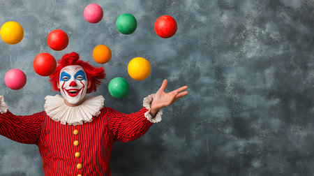 A playful jester with vivid red hair and makeup joyfully juggles colorful balls against a subtle backdrop, radiating happiness and inviting laughter in a festive atmosphere.の素材