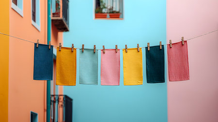 Brightly colored fabric banners hang from a string, adding cheer to a cozy alley with pastel walls. The atmosphere is joyful and welcoming, with an air of tranquility amidst vibrant colors.の素材