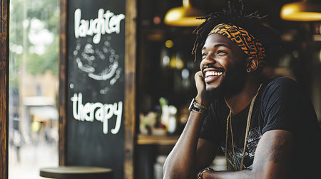 This image shows a smiling man resting his chin on his hand, radiating joy with a background featuring a chalkboard displaying 'laughter therapy,' creating a warm atmosphere.の素材